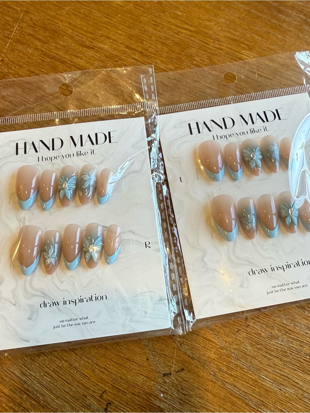 Nude & Light Blue Floral Press-On Nails (2 sets)